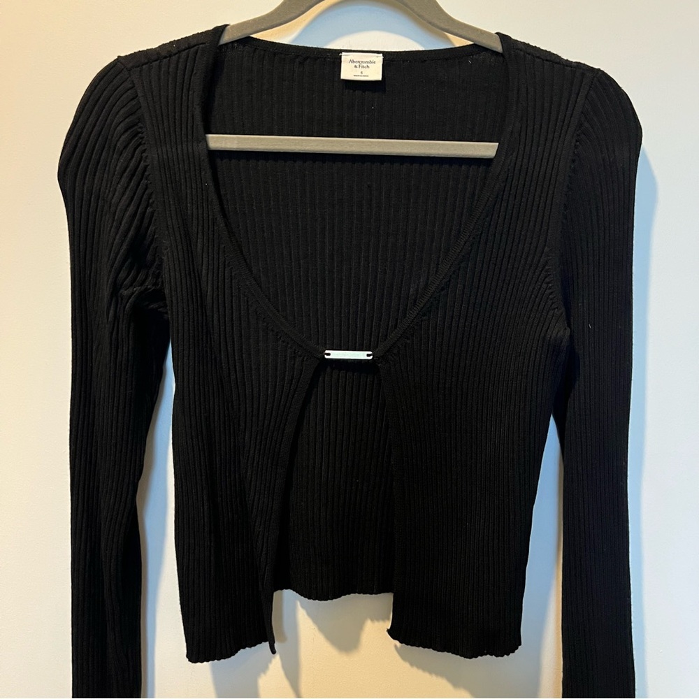 Abercrombie & Fitch Black Ribbed Long-Sleeve Crop Cardigan